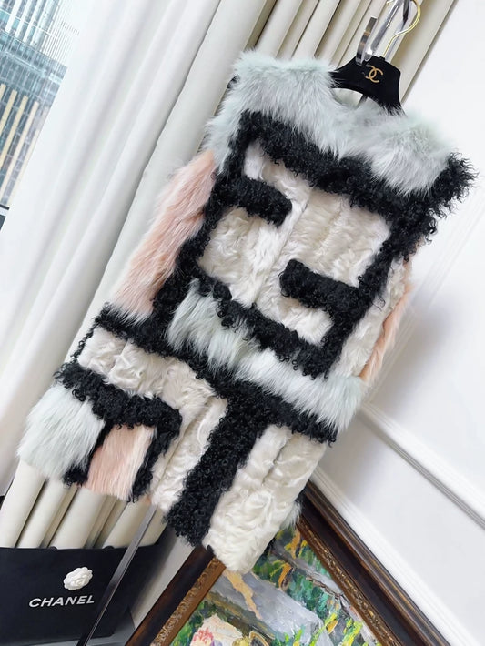 Fendi Mixed Color Double F Logo Fur Vest Jacket