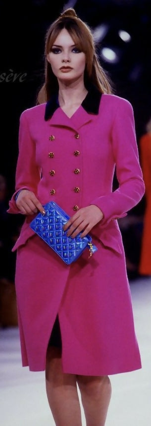 Rare Chanel 96A Vintage Pink  Burgundy Velvet Trim Gripoix Double Breasted Coat FR 38