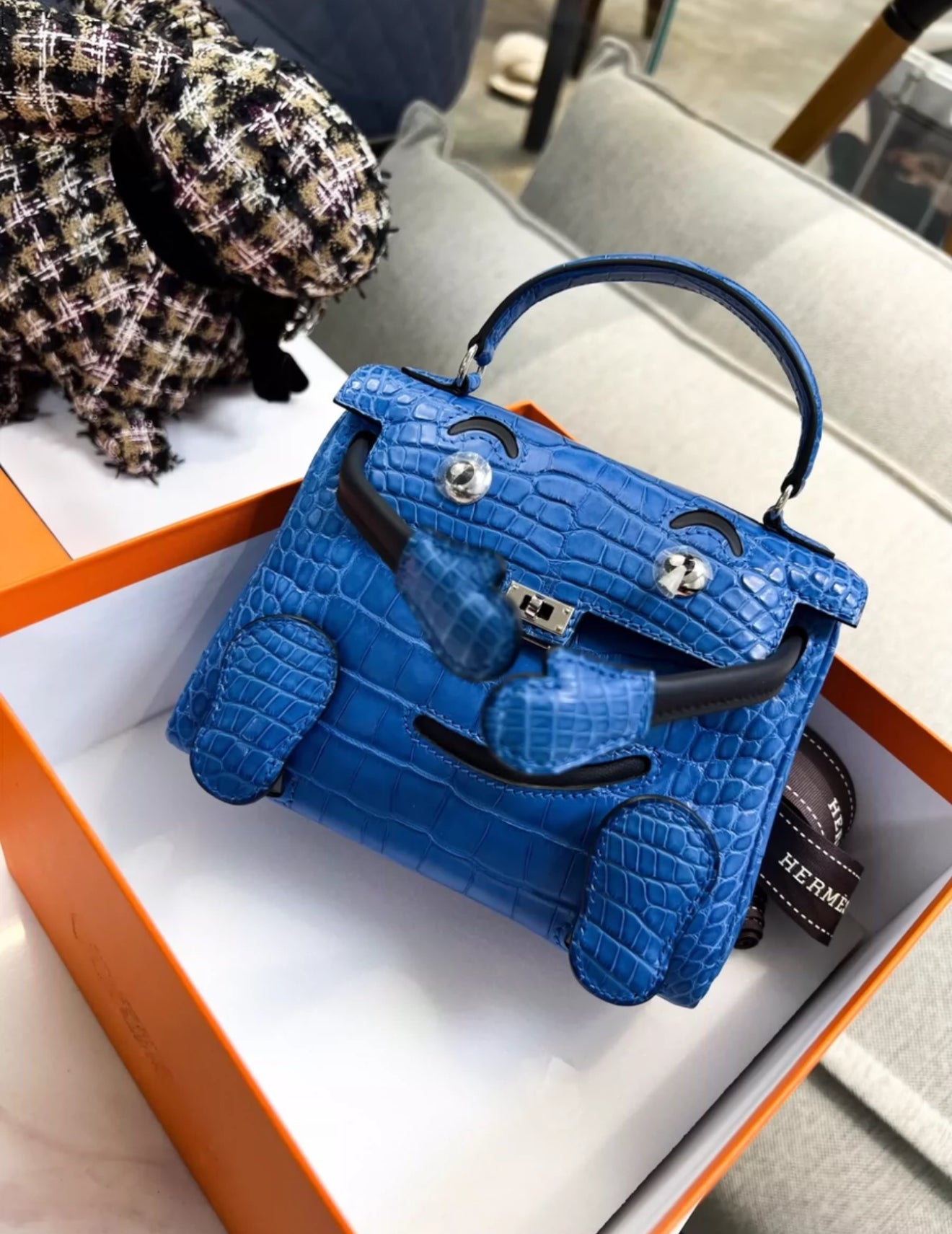 Hermes Kelly Doll Bleu Electric Matte Alligator  Black Swift Leather Palladium Hardware