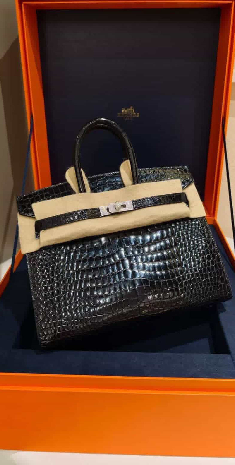 Hermes Birkin 25 Sellier Black Shiny Porosus Crocodile Leather White Gold Diamond Hardware