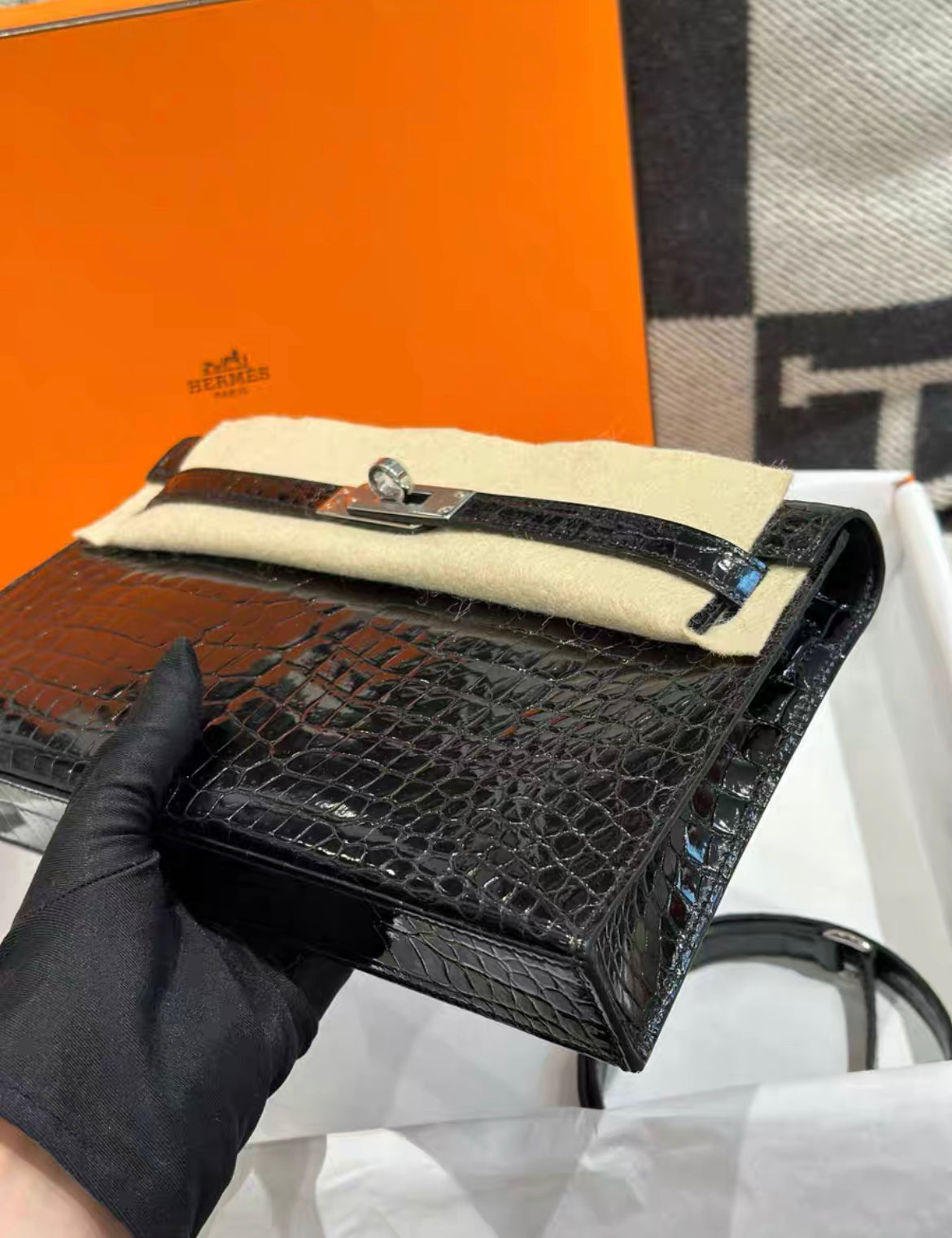 HERMES KELLY ELAN BLACK POROSUS CROCODILE SHOULDER BAG Brand New Stamp W