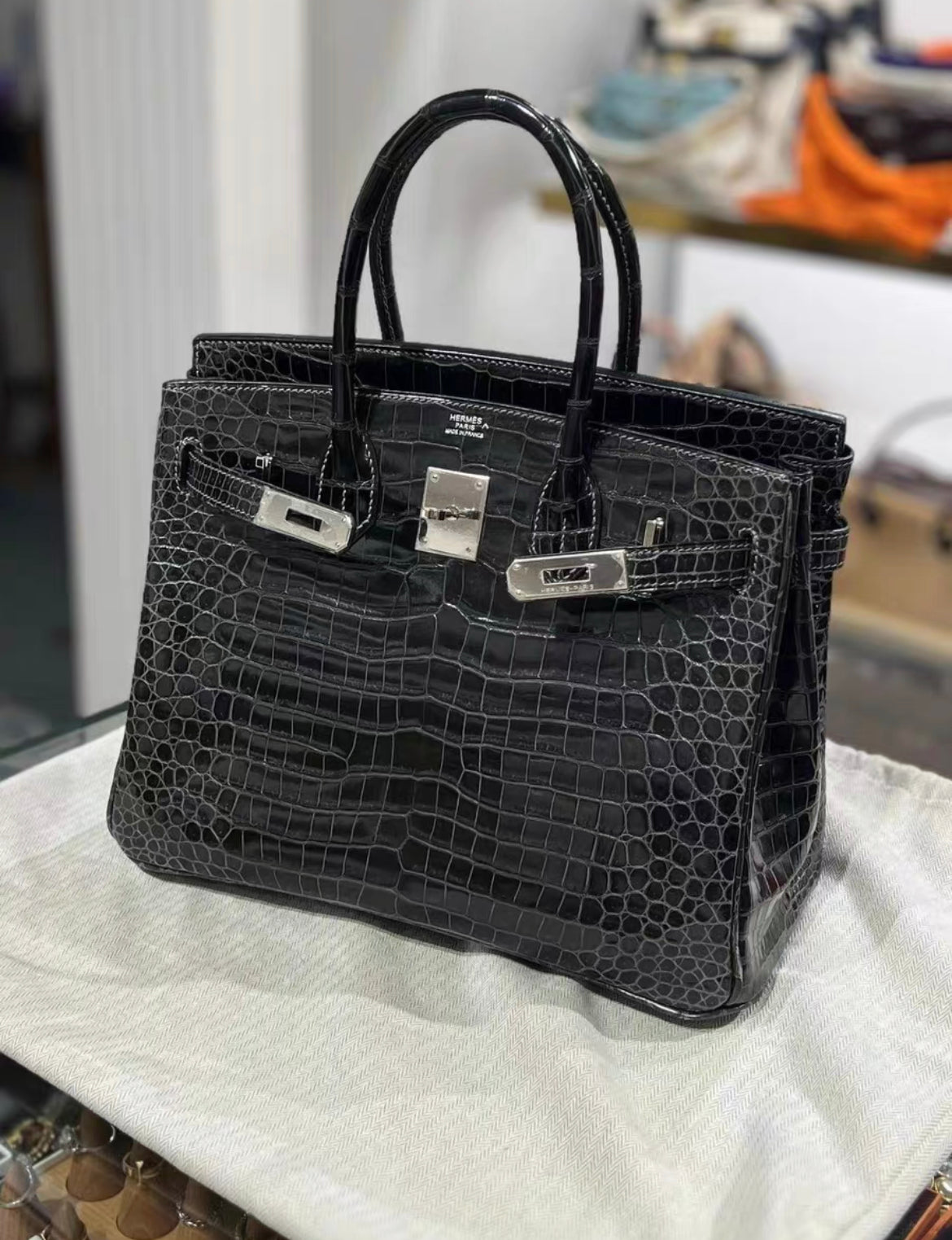 Hermès Birkin 30 Black Matte Crocodile with white stitching and Palladium Hardware