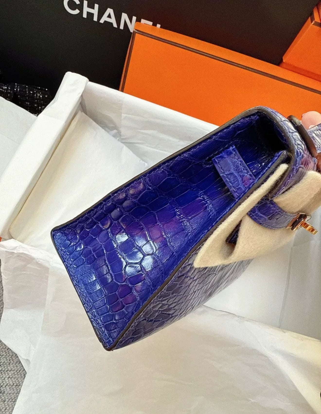 Hermes Kelly Pochette Blue electric　Alligator crocodile Leather Gold Hardware