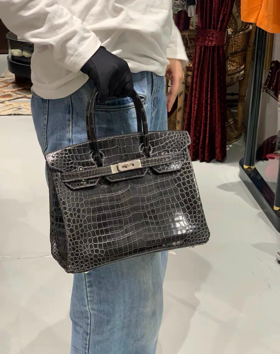 Hermès Birkin 30 Black Matte Crocodile with white stitching and Palladium Hardware