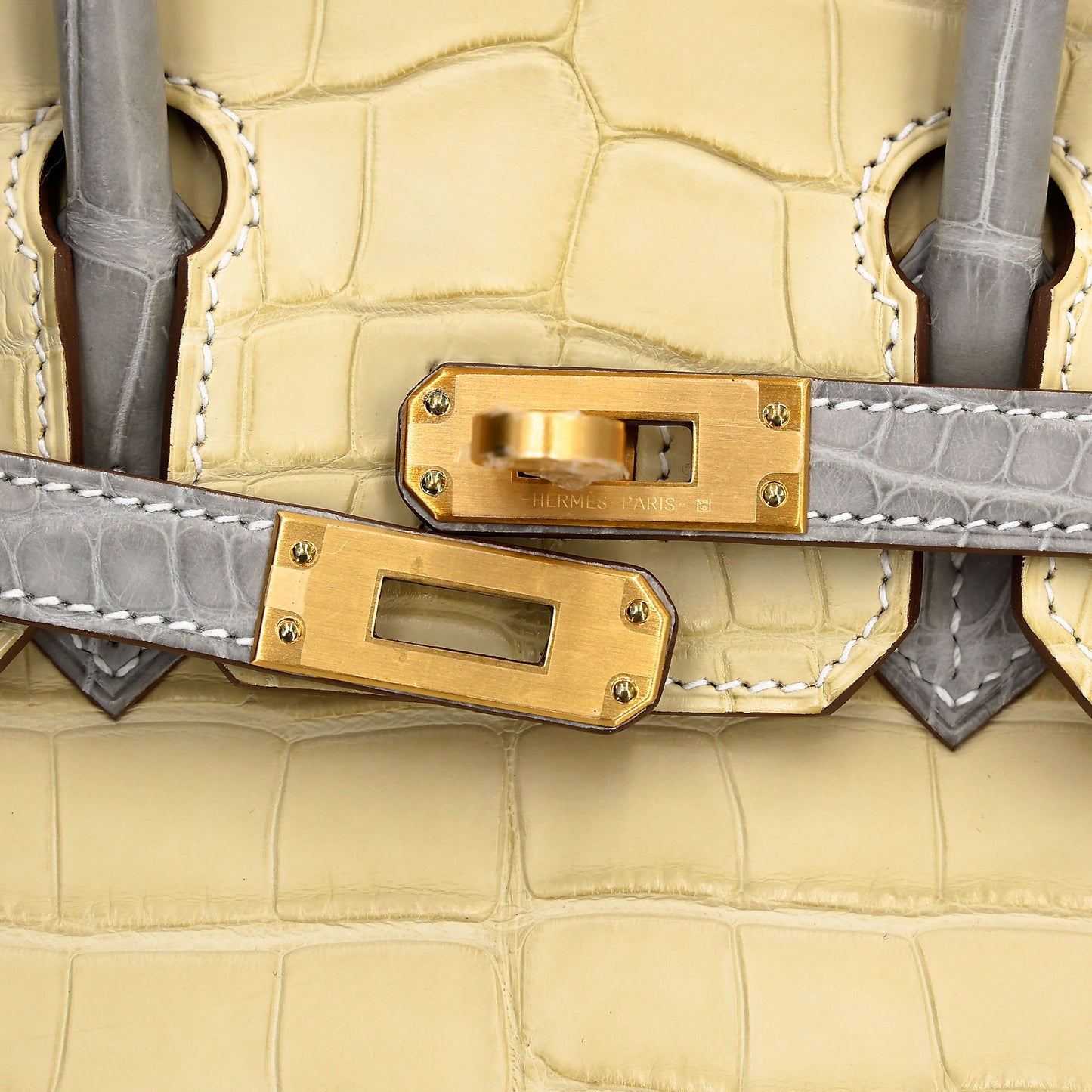 Hermes Birkin 25 HSS Vanille Gris Perle Matte Alligator Brushed Gold hardware