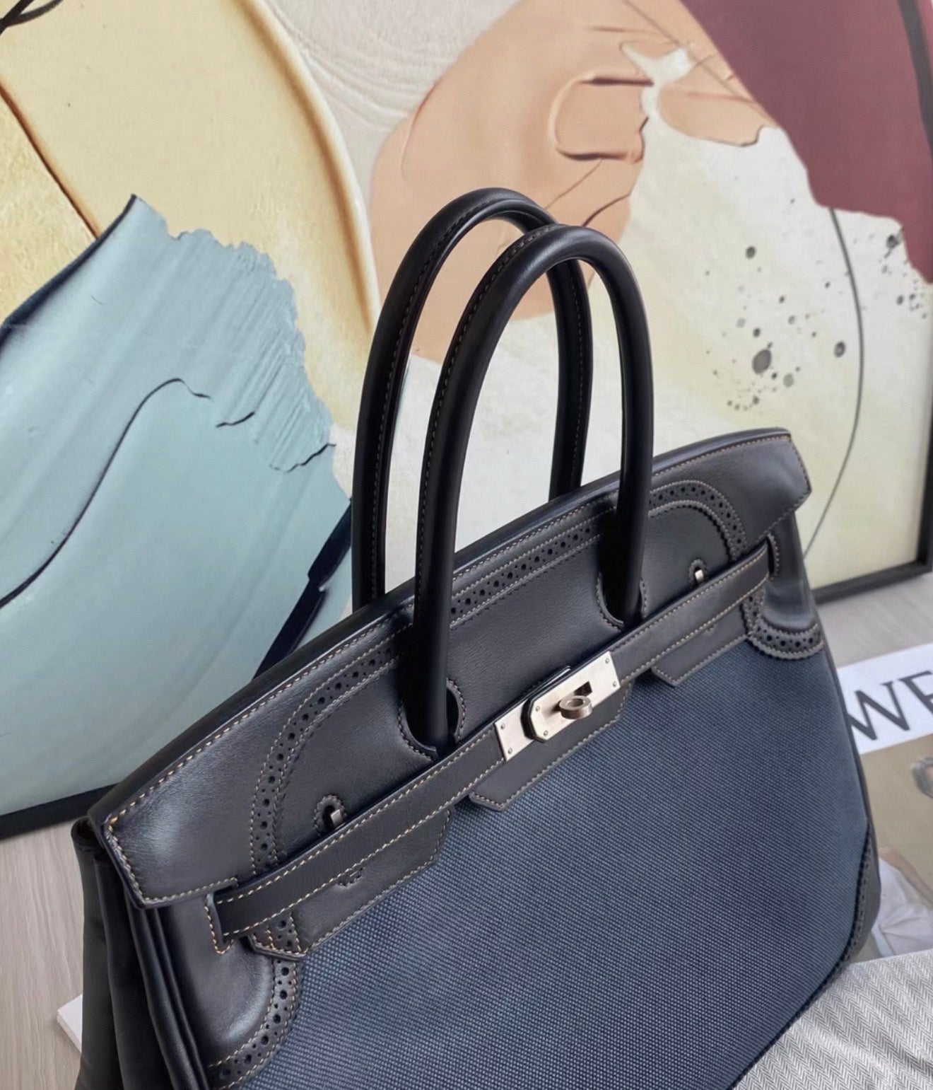 HERMÈS Birkin Ghillies 35 Noir Denim Denim Evercalf Brushed Palladium
