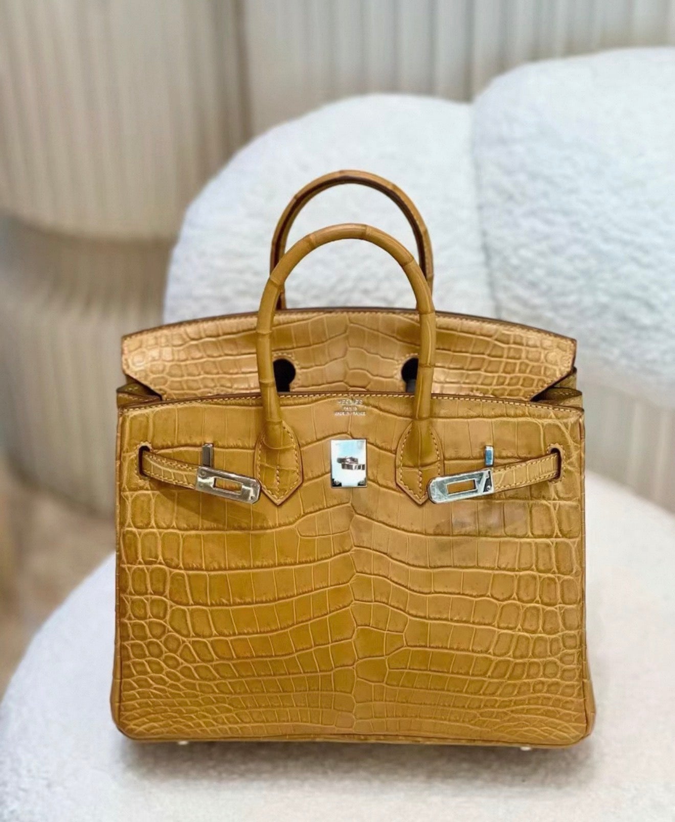 Hermes Birkin 25 Marigold yellow matte crocodile leather palladium hardware