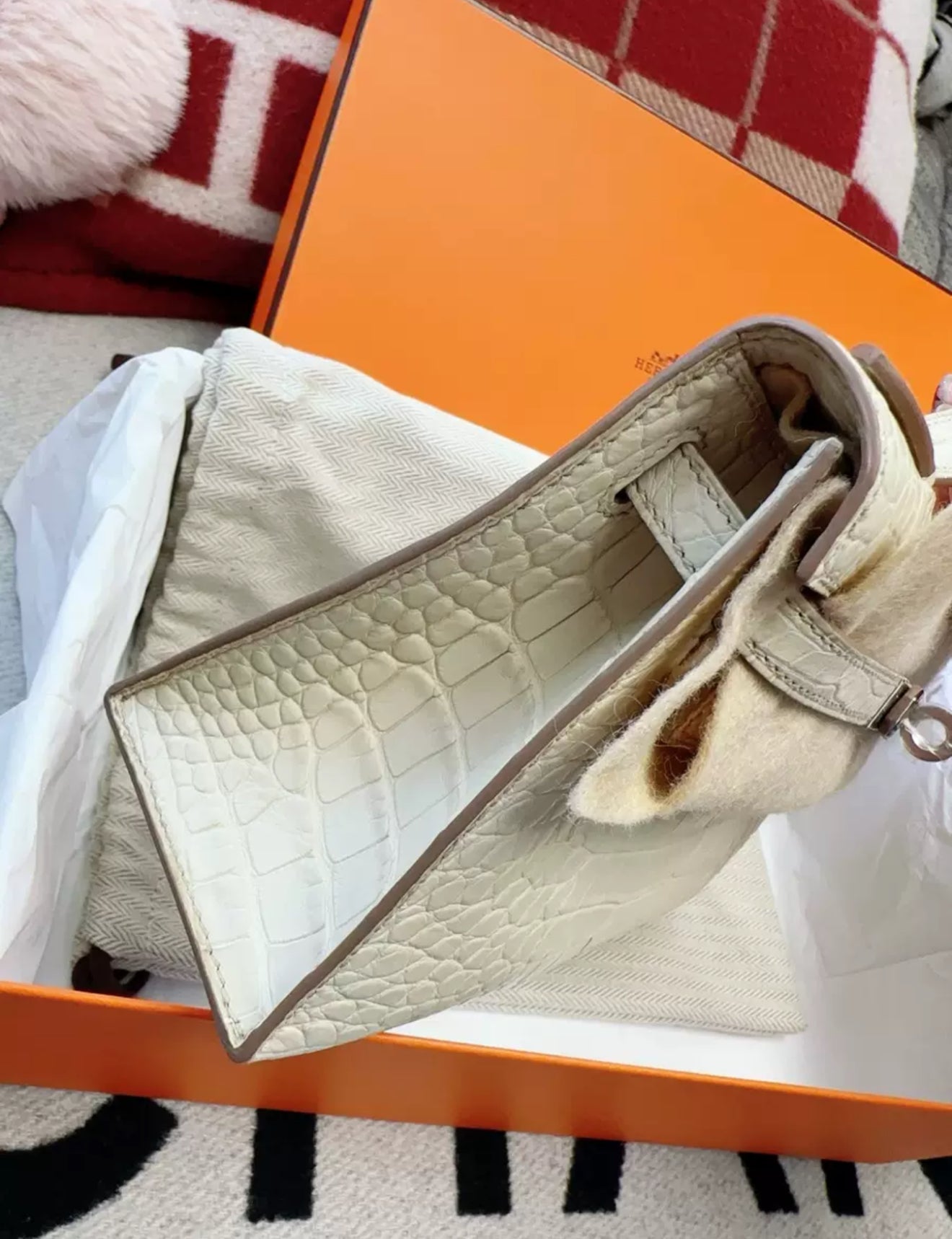Hermes Kelly Pochette White Matte Crocodile Leather Palladium Hardware