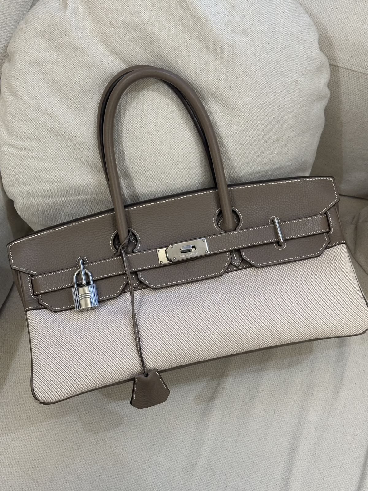 Hermes JPG Birkin Shoulder 42 Etoupe TC Ecru Toile Palladium Harwdare