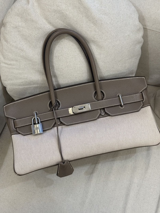 Hermes JPG Birkin Shoulder 42 Etoupe TC  Ecru Toile Palladium Harwdare