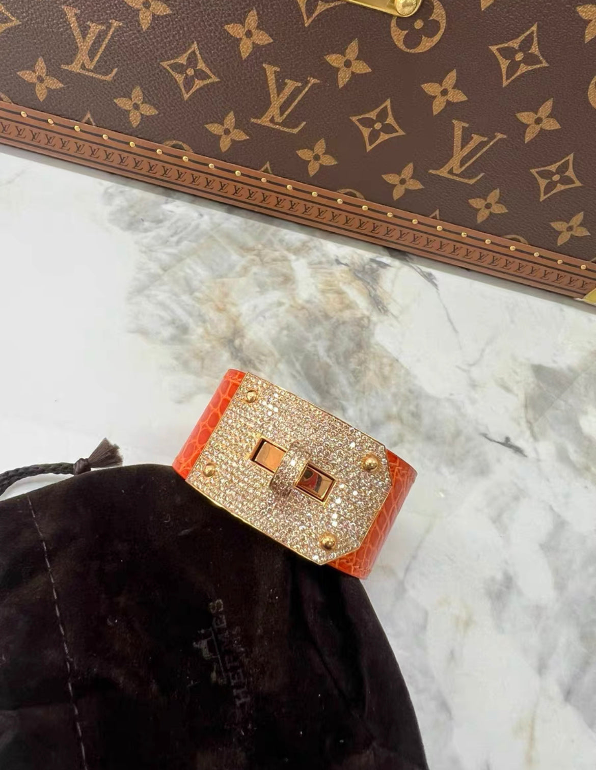 Hermès 18K Rose Gold Diamond  Orange Crocodile Kelly Bracelet