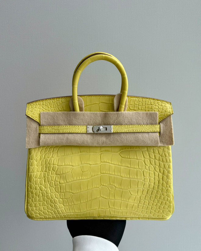 Hermes Birkin 25 Lime Yellow Matte Crocodile Palladium Hardware Handbag