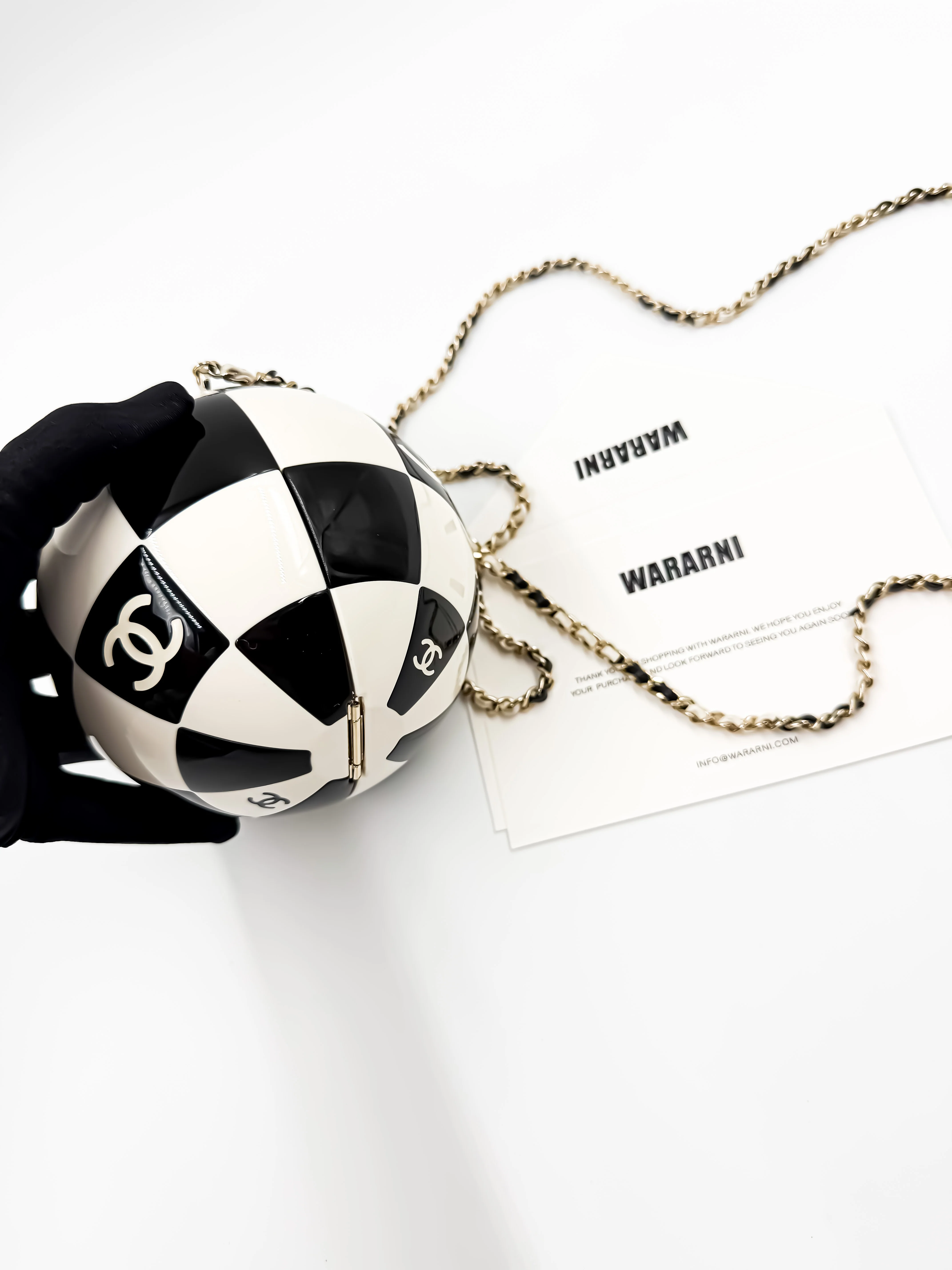 Chanel 23C Black & White Resin & Enamel Checker Sphere Minaudiere with Light Gold Hardware
