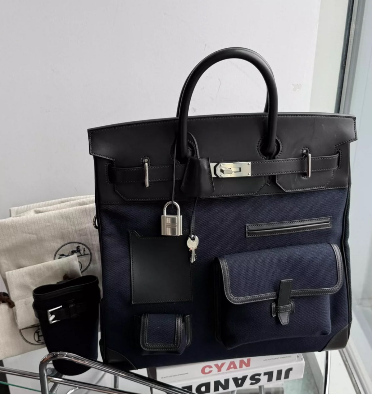 Hermès HAC 40 Bleu Marine Toile  Black Box Calf Cargo Palladium Hardware