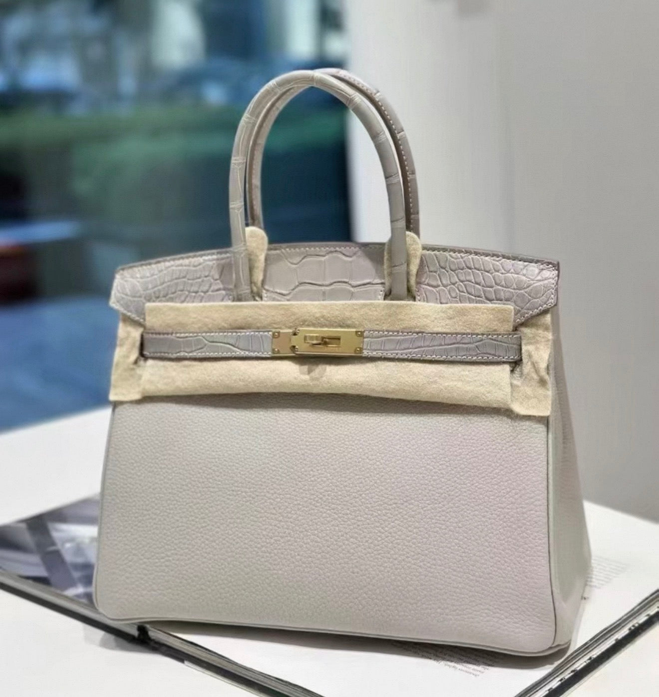 Hermes Birkin 30 Touch Gris Perles Togo matte crocodile leather light gold hardware