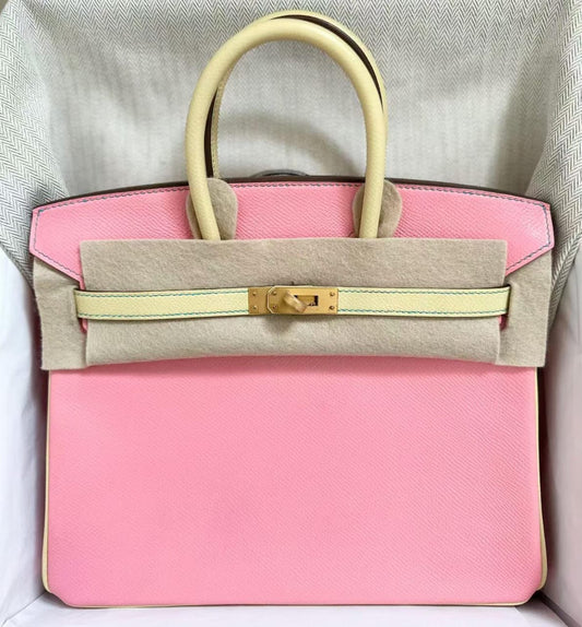 Hermes Birkin 25 HSS Bubblegum / Jaune Poussin Epsom Brushed Gold Hardware