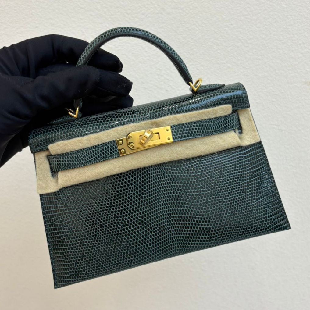 Hermes Mini Kelly 20 vert cypress lizard gold hardware
