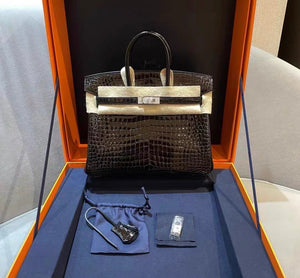 Hermès BIRKIN 25 SHINY BLACK POROSUS CROCODILE DIAMOND WITH 18K WHITE GOLD  DIAMOND HARDWARE, Brand new full set!!!