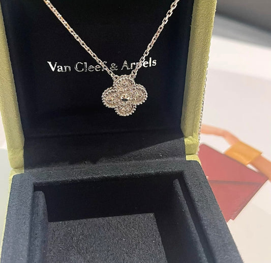 Van Cleef  Arpels Vintage Alhambra Diamond 18K White Gold Pendant