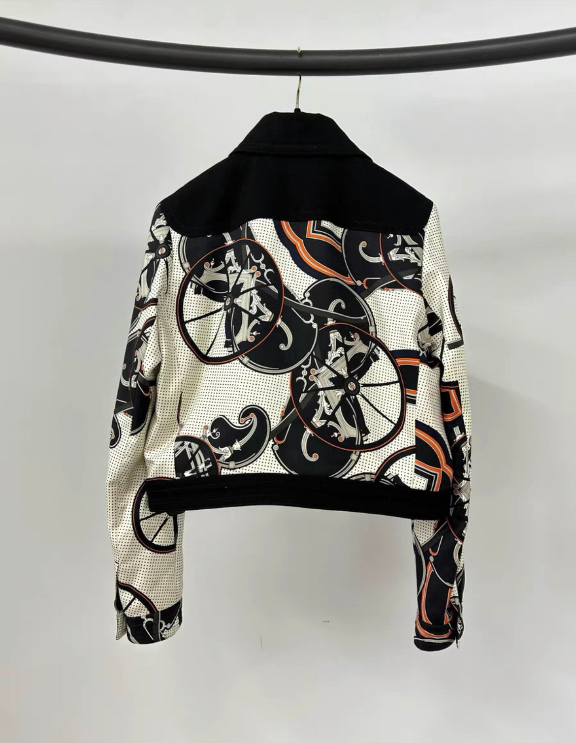 Hermes Black  White "Outdoor" Printed Silk Short Jacket size 36