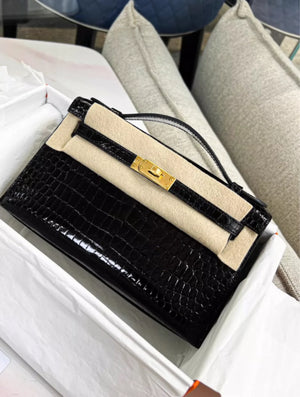 Hermes Kelly Pochette Noir Black Shiny Crocodile Gold Hardware