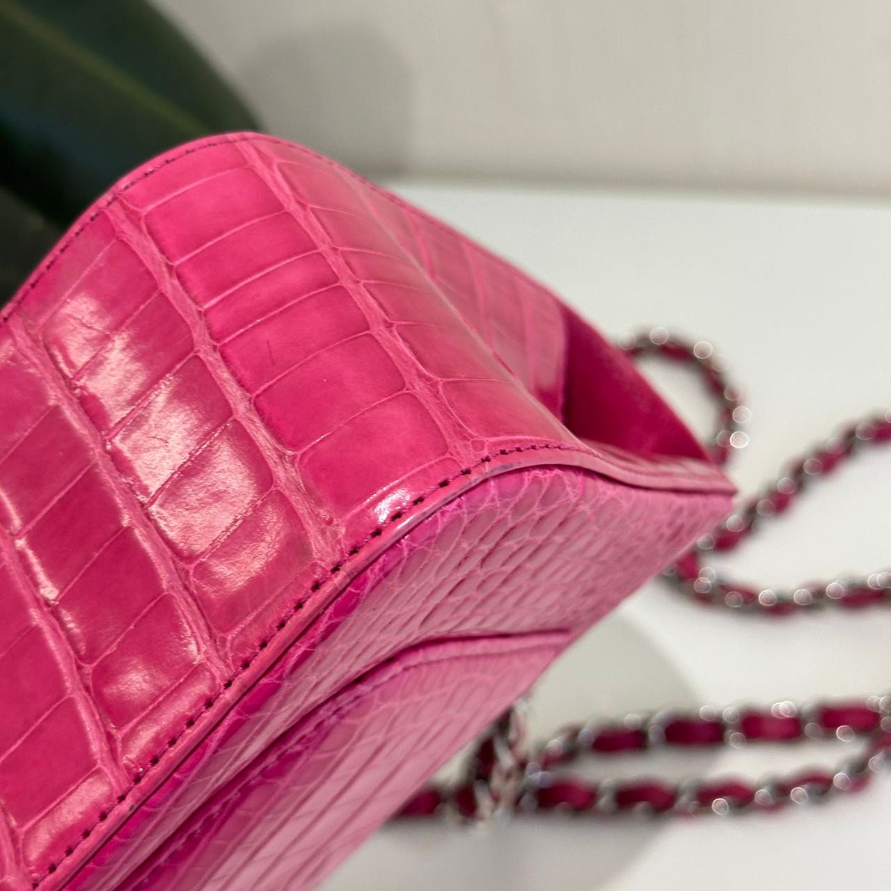 Chanel pink Alligator leather mini flap silver hardware