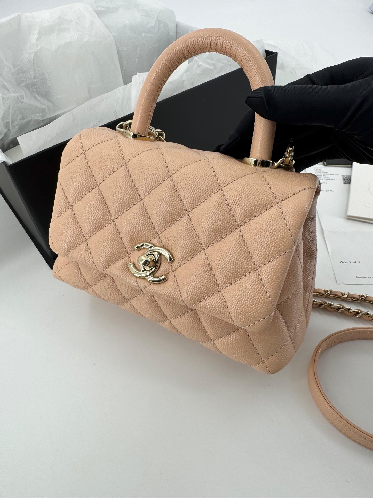Chanel peach grained leather mini coco handle with light gold hardware