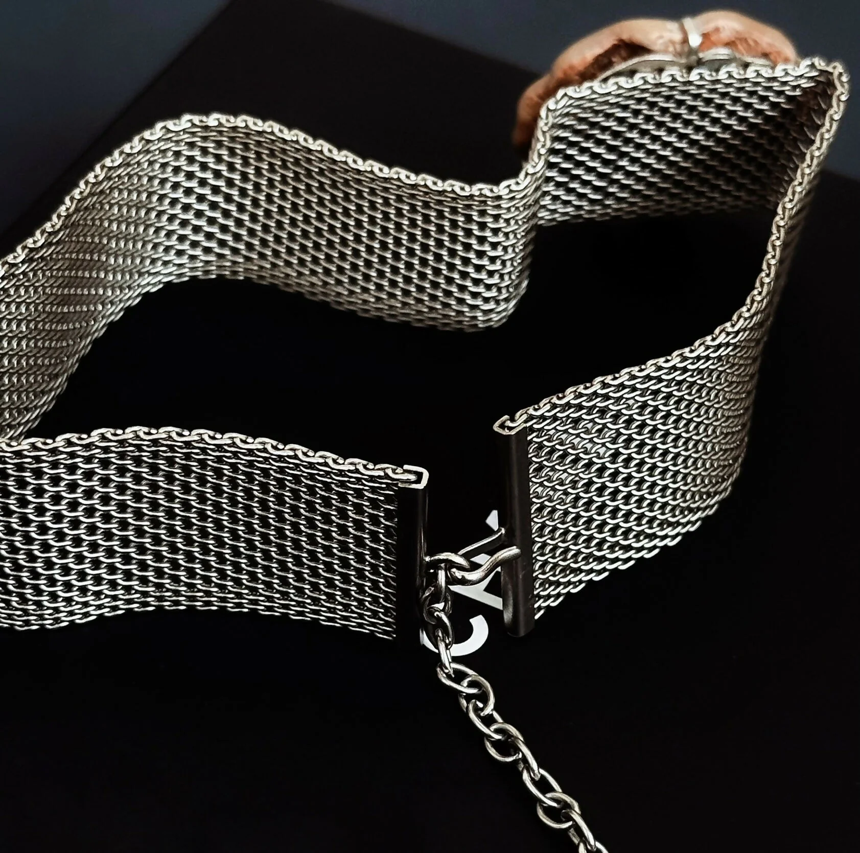 Chanel Vintage 98A Silver Plated Metal Mesh Mother-of-pearl Camellia Flower Choker