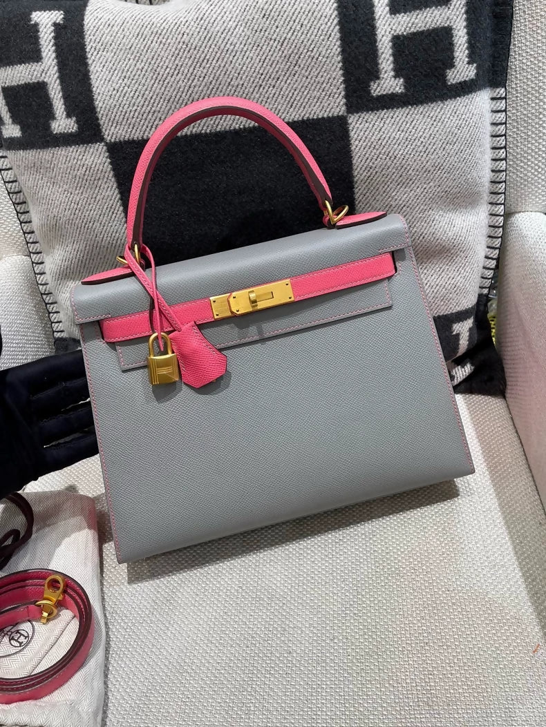 Hermes Kelly 28 Grey  Pink Epsom Leather with brushed gold hardware