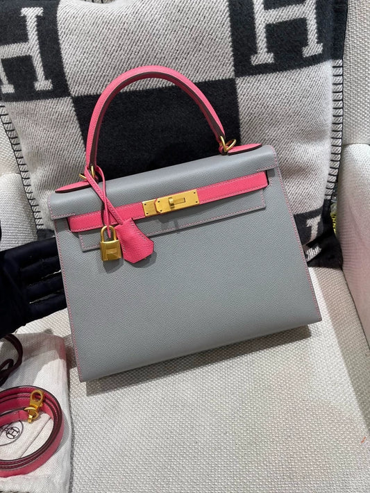 Hermes Kelly 28 Grey  Pink Epsom Leather with brushed gold hardware