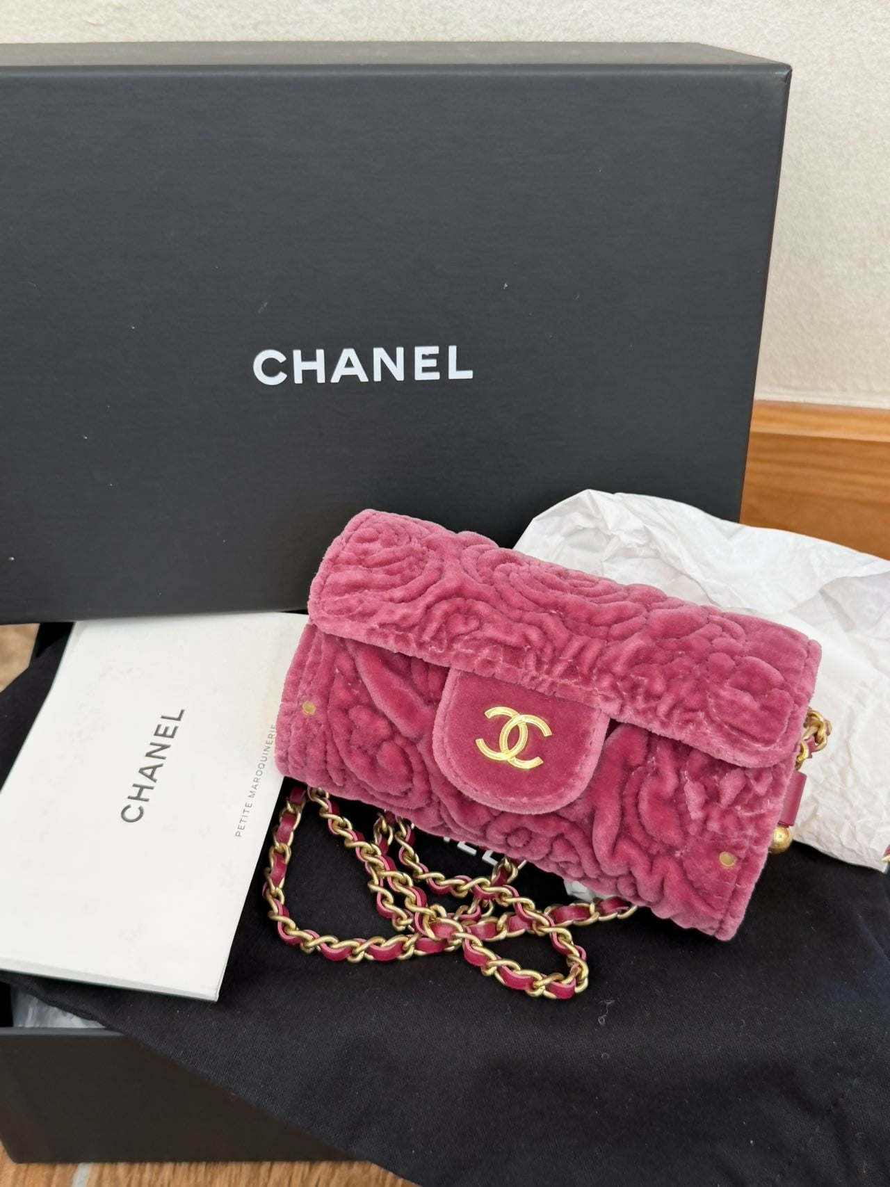 Chanel Runway Camellia Crushed Velvet Mini Flap Bag with Gold Hardware