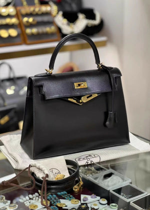 Hermès kelly 28 black box leather gold hardware