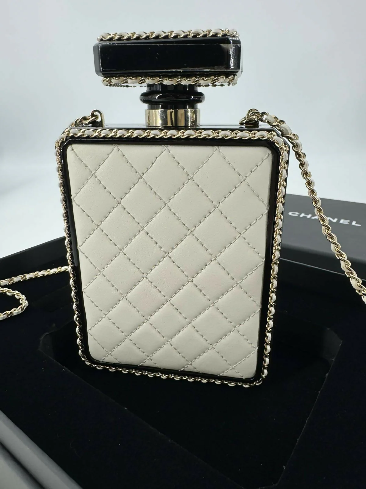Chanel 22S Plexiglass Black Quilted Leather and White Perspex Perfume Bottle Minaudière Mini Flap Bag