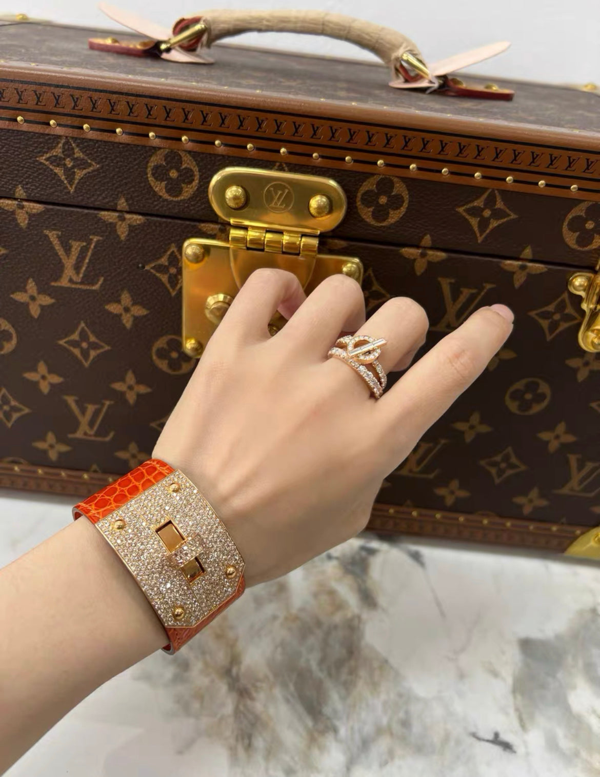 Hermès 18K Rose Gold Diamond  Orange Crocodile Kelly Bracelet