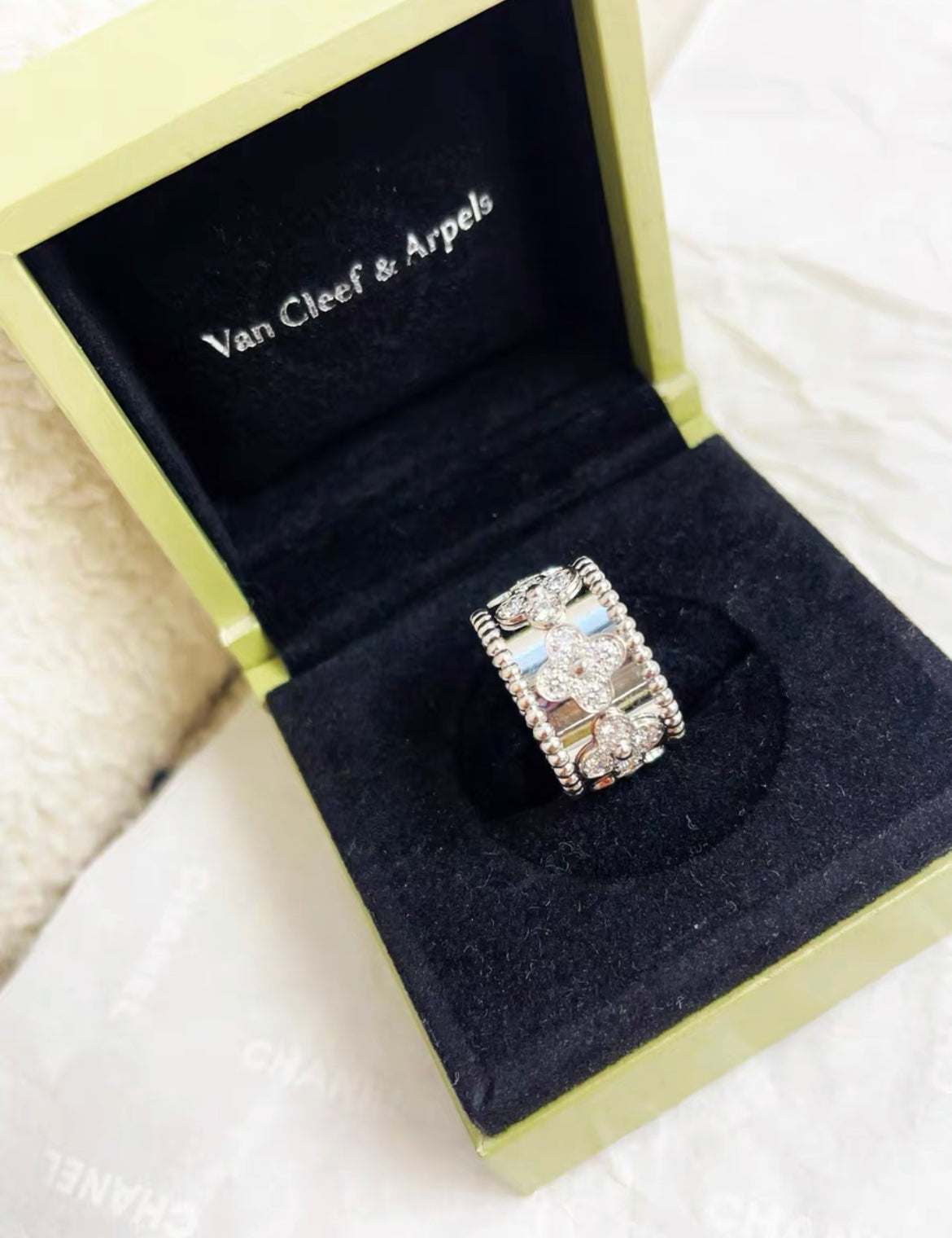 Van Cleef  Arpels Perlee Clovers Ring Model 18k White Gold Diamonds size 52