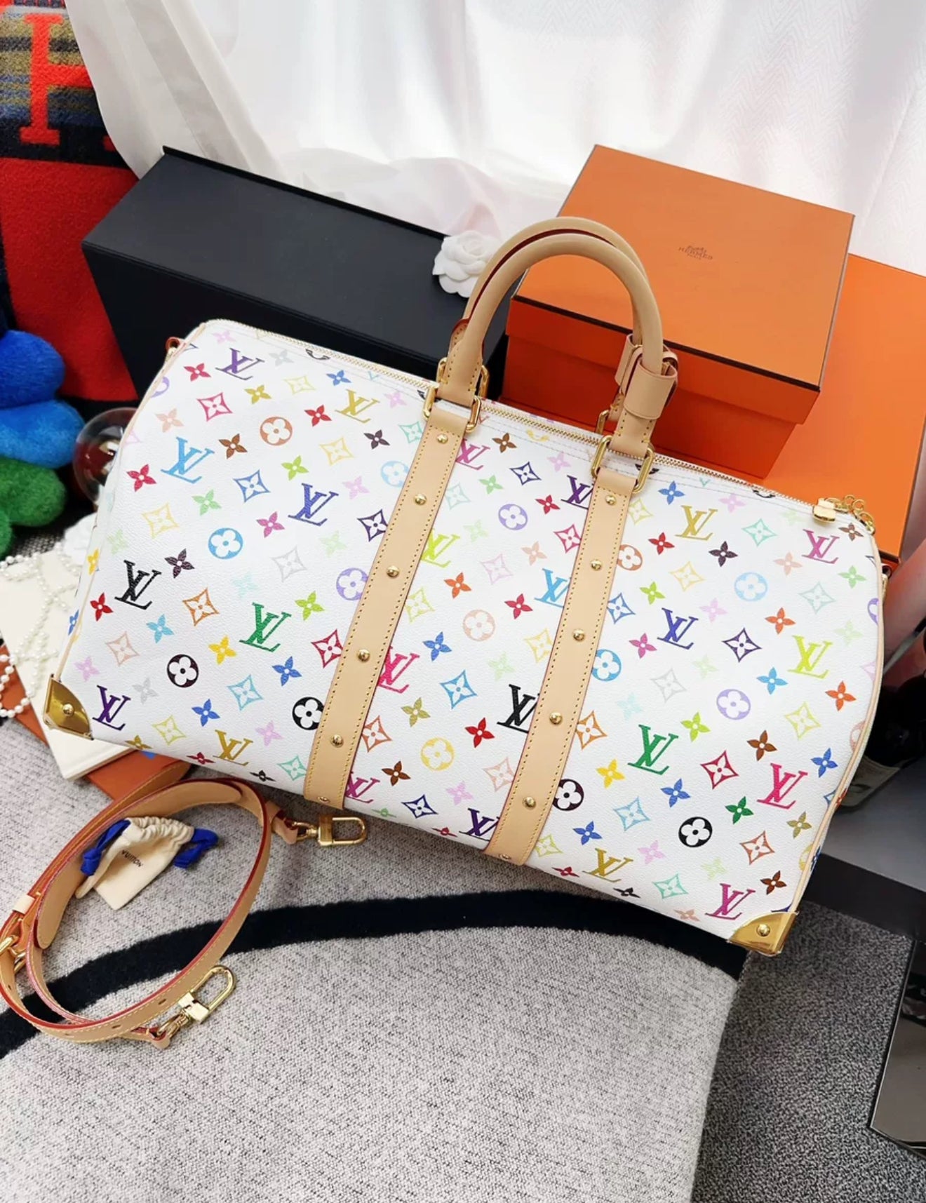 Louis Vuitton LV x Takashi Murakami Keepall 45 travel bag, white tri-color print