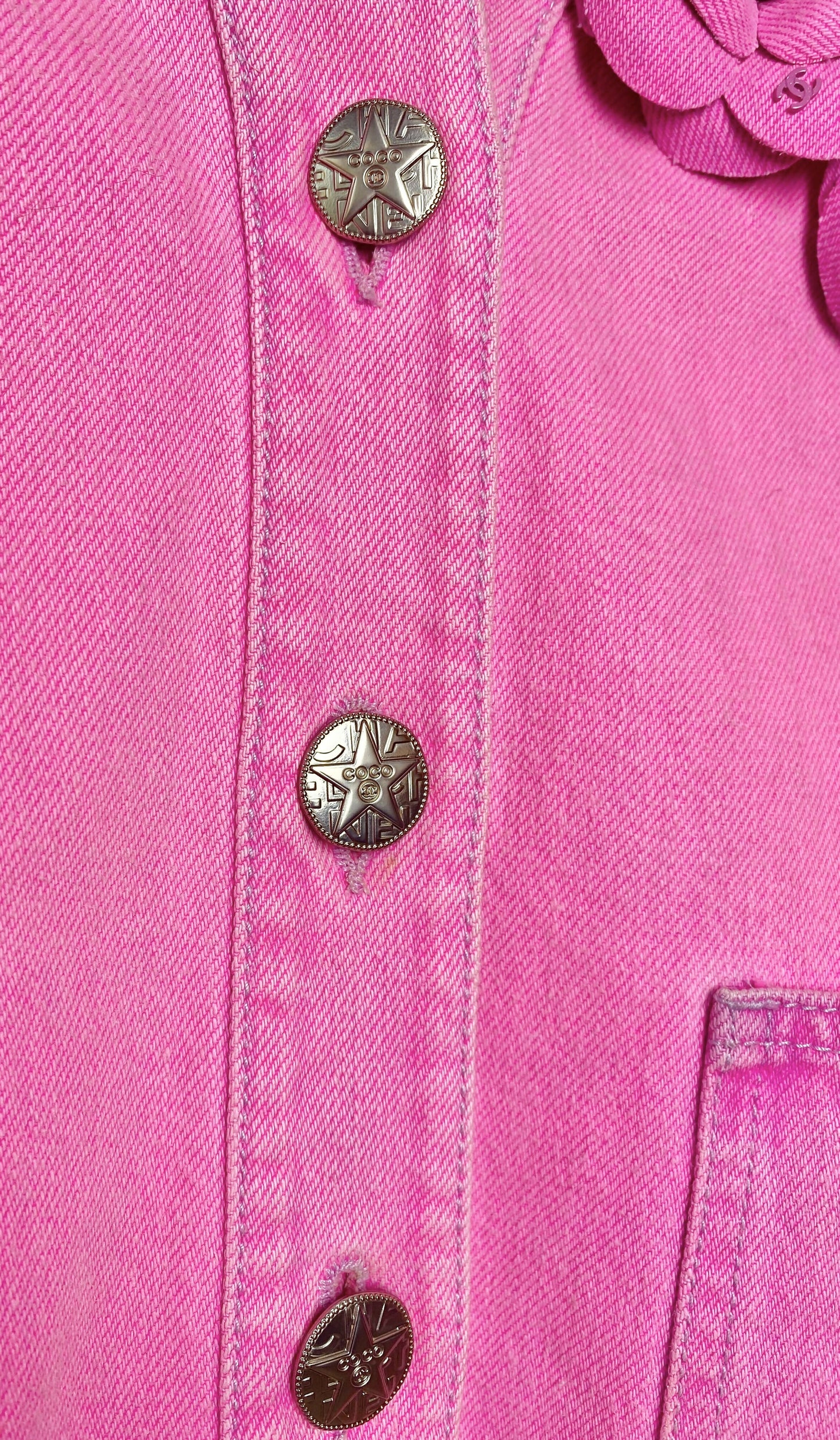 Iconic Chanel 21S Neon Pink Denim Camellia Jacket FR 36