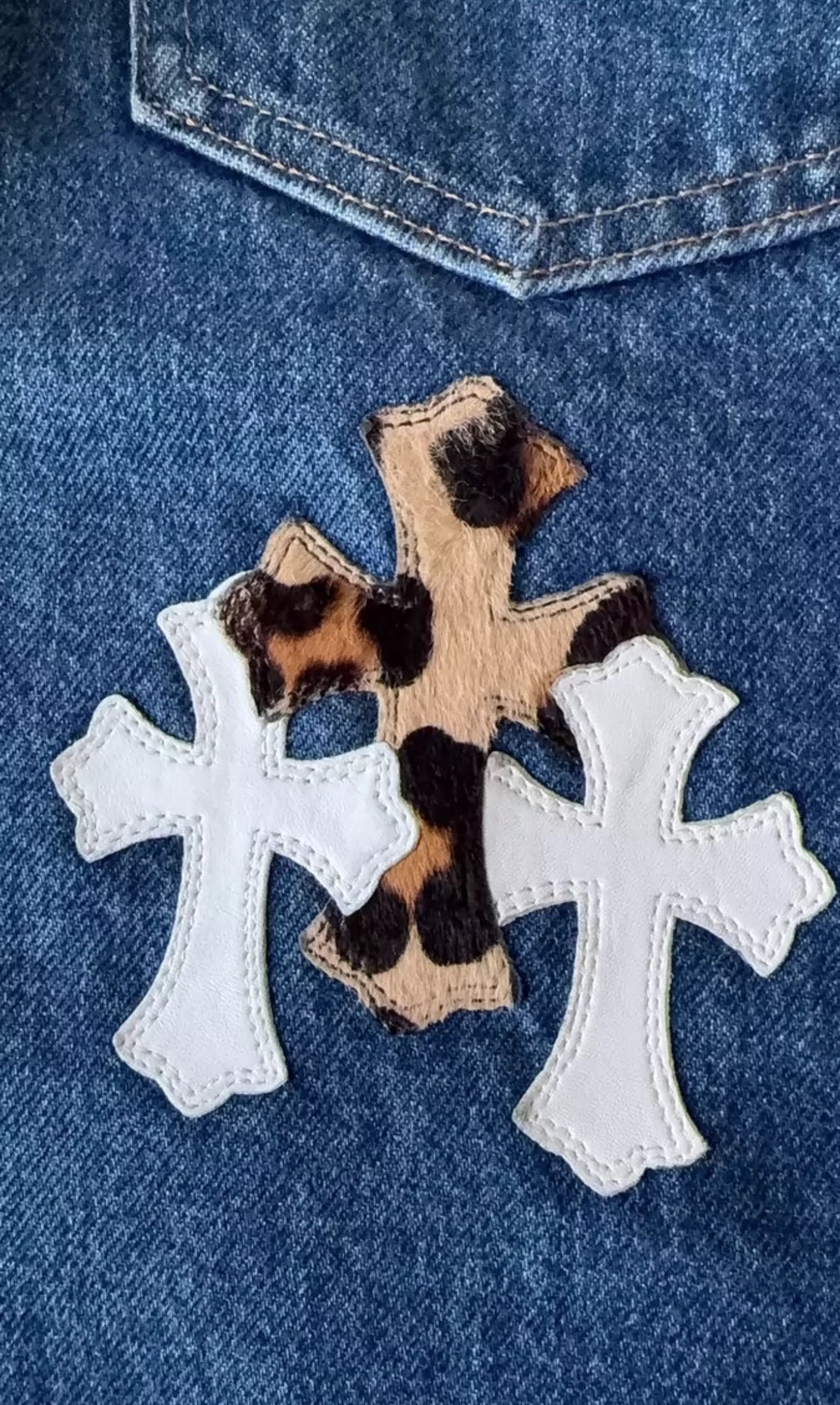 Chrome Hearts blue washed denim with baby blue white leopard print cross patchwork