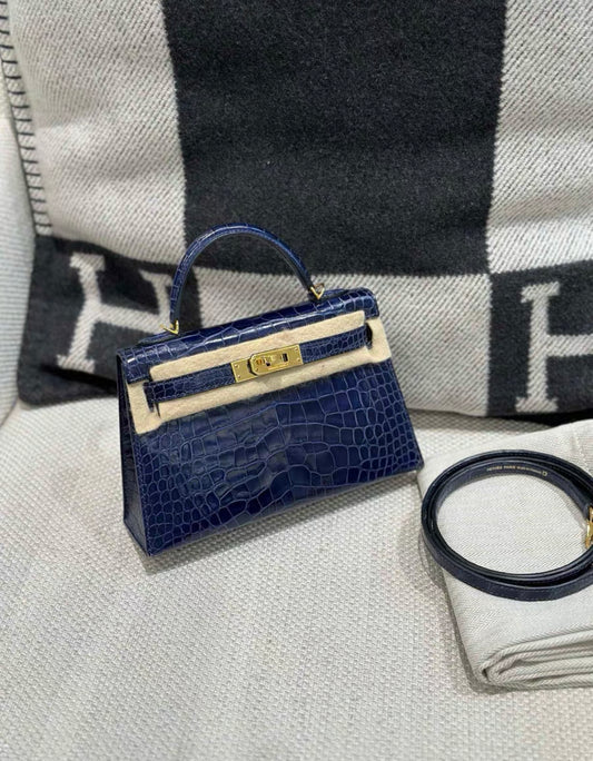 HERMES KELLY 20 MINI SELLIER BLEU SAPHIR SHINY ALLIGATOR GOLD HARDWARE