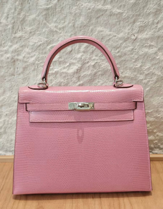 Hermes Kelly 25 pink bubblegum lizard leather palladium hardware