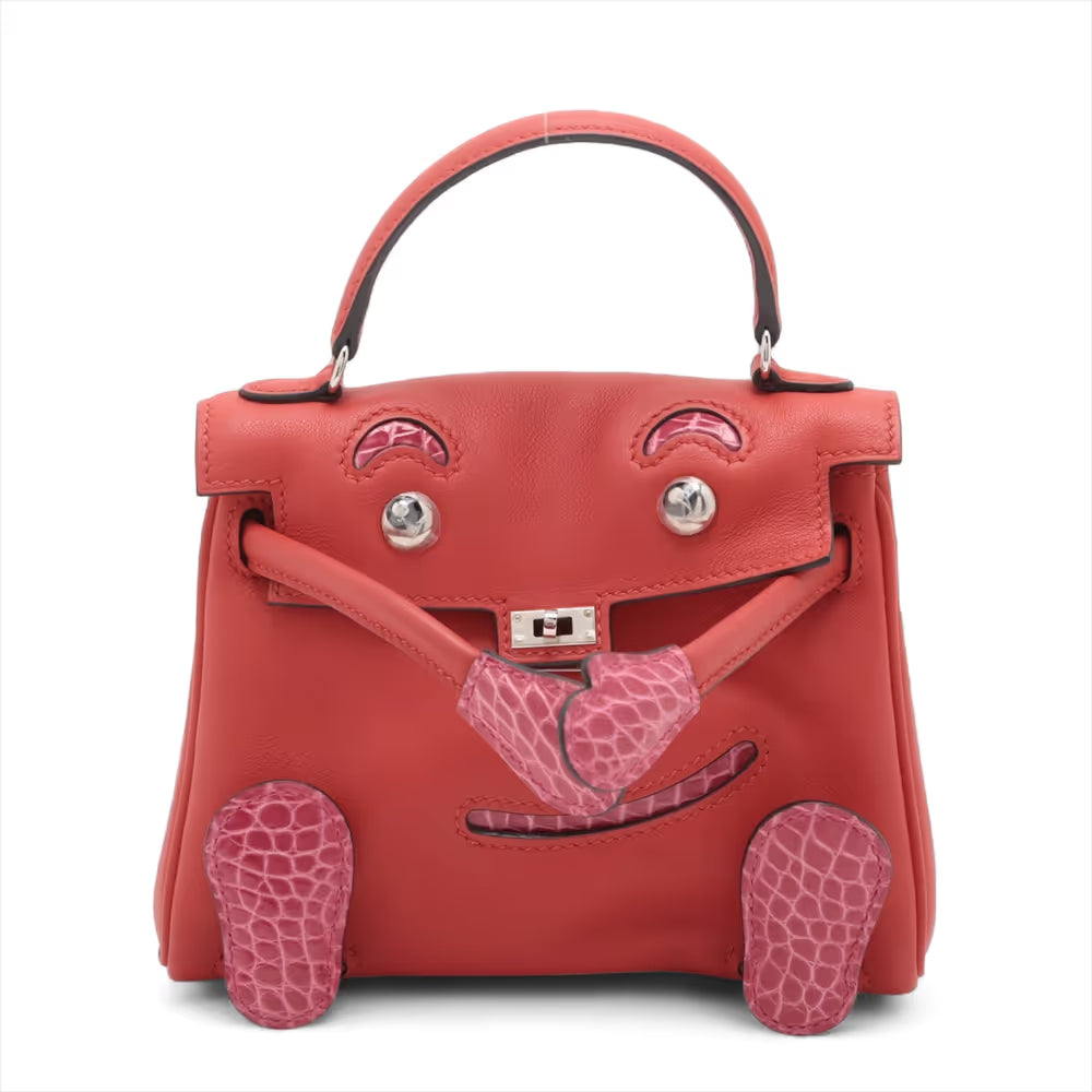 Hermes Kelly Doll Touch red swift leather  Rose Scheherazade alligator leather with palladium hardware