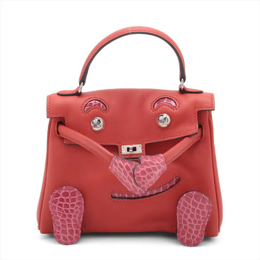 Hermes Kelly Doll Touch red swift leather  Rose Scheherazade alligator leather with palladium hardware