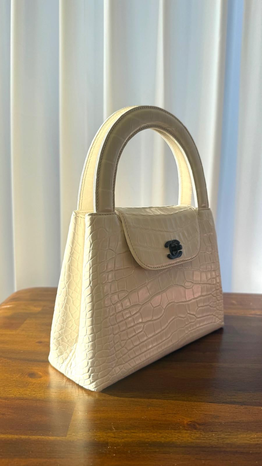 Chanel Vintage White Alligator Medium Kelly Black Hardware— Ultra-Rare House Exotic