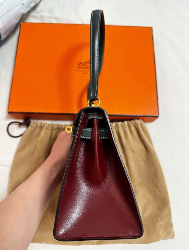 HERMES 80s KELLY 20 two Color’s Burgundy  Black Box Calf leather