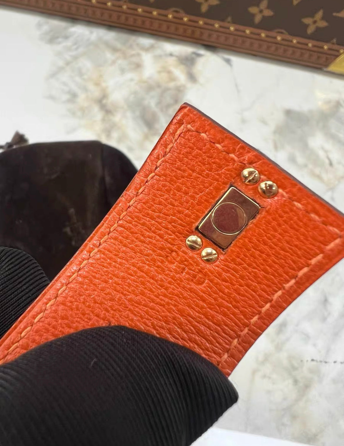 Hermès 18K Rose Gold Diamond  Orange Crocodile Kelly Bracelet