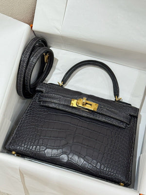 Hermes Mini Kelly 20  Graphite Matte Alligator Gold Hardware