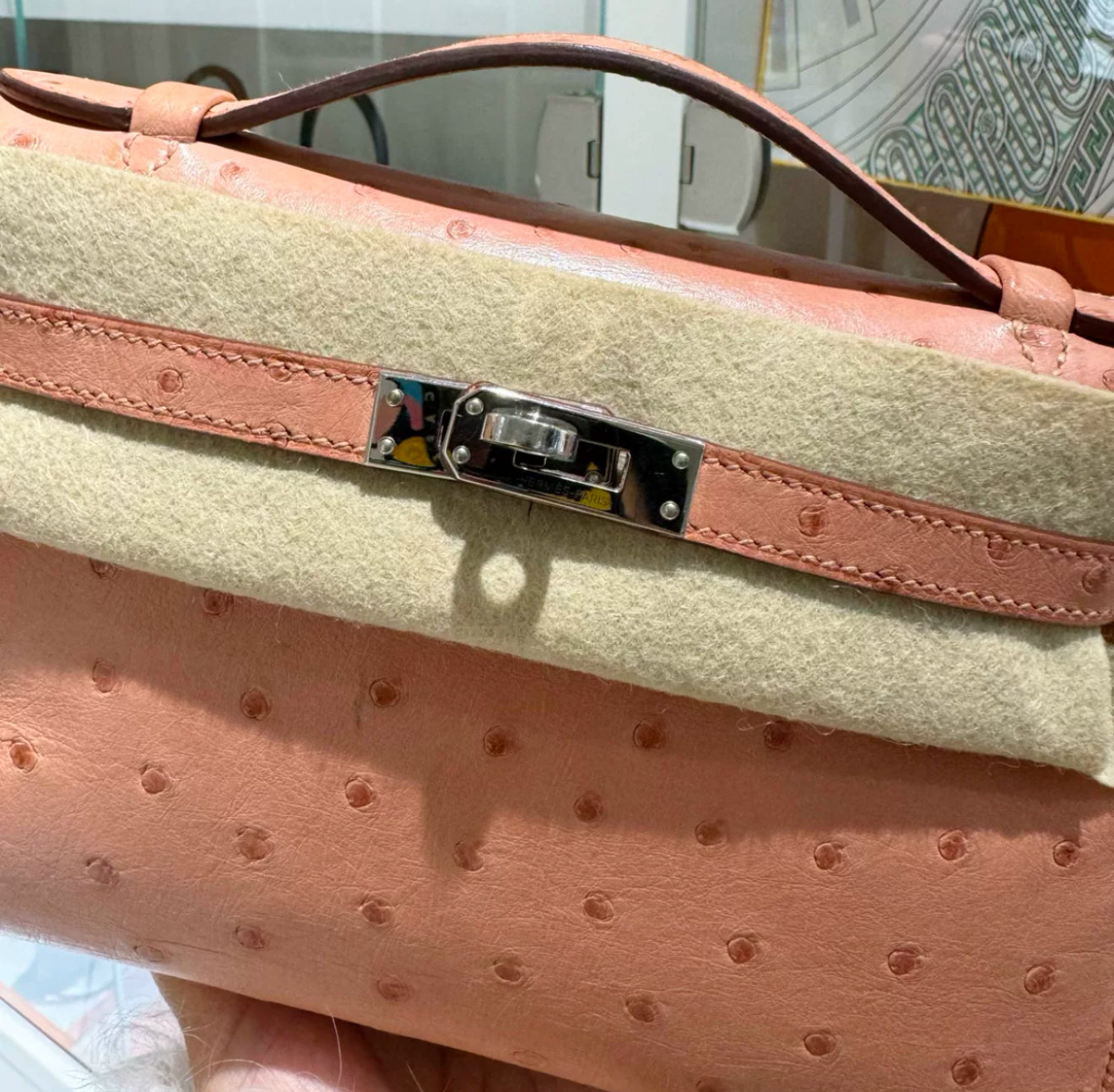 Hermes Kelly Pochette Pink Terre Cuite Ostrich Leather Palladium Hardware