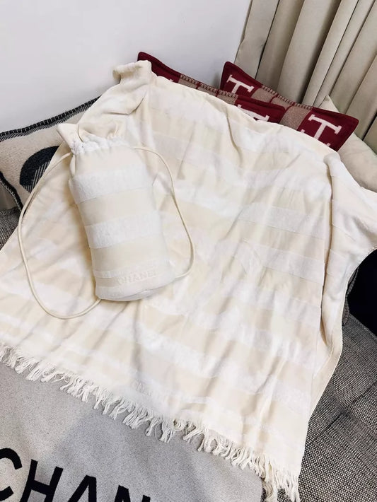 Chanel off-white striped fringed towel and beach bag set