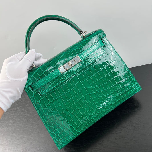 Hermes kelly 28 Vert Emeraude Shiny Niloticus Palladium hardware