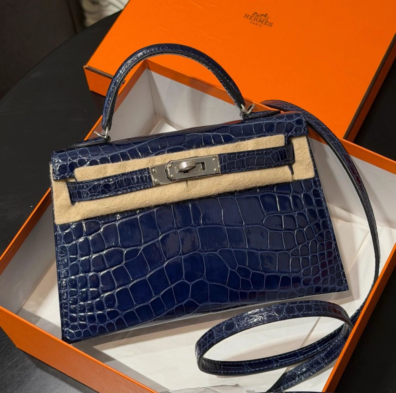 Hermes Mini Kelly 20 Blue Sapphire Shiny Crocodile Leather Palladium Hardware